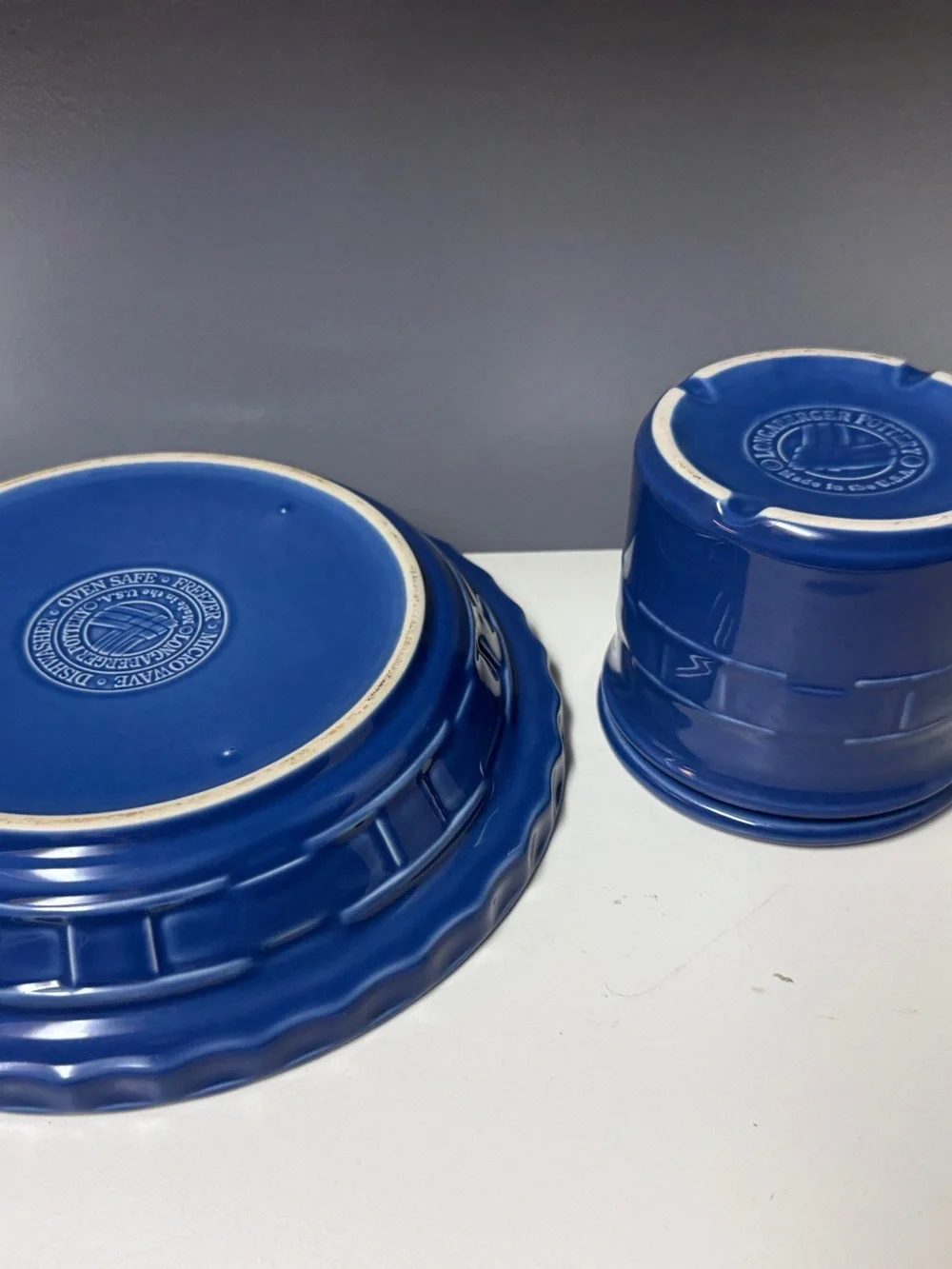 Longaberger Woven Traditions Cornflower Blue ceramic pie plate & pint salt crock